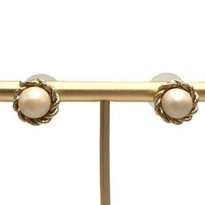 Vintage Round Opal Earrings Gold Tone Braided Studs